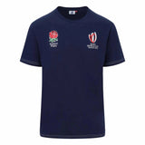 Navy round neck short sleeve t-shirt with white stitching around the sleeves and base of shirt. England Rugby rose logo sits on upper right chest while RWC France 2023 logo is on the upper left chest. 