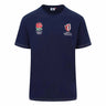 Navy round neck short sleeve t-shirt with white stitching around the sleeves and base of shirt. England Rugby rose logo sits on upper right chest while RWC France 2023 logo is on the upper left chest. 