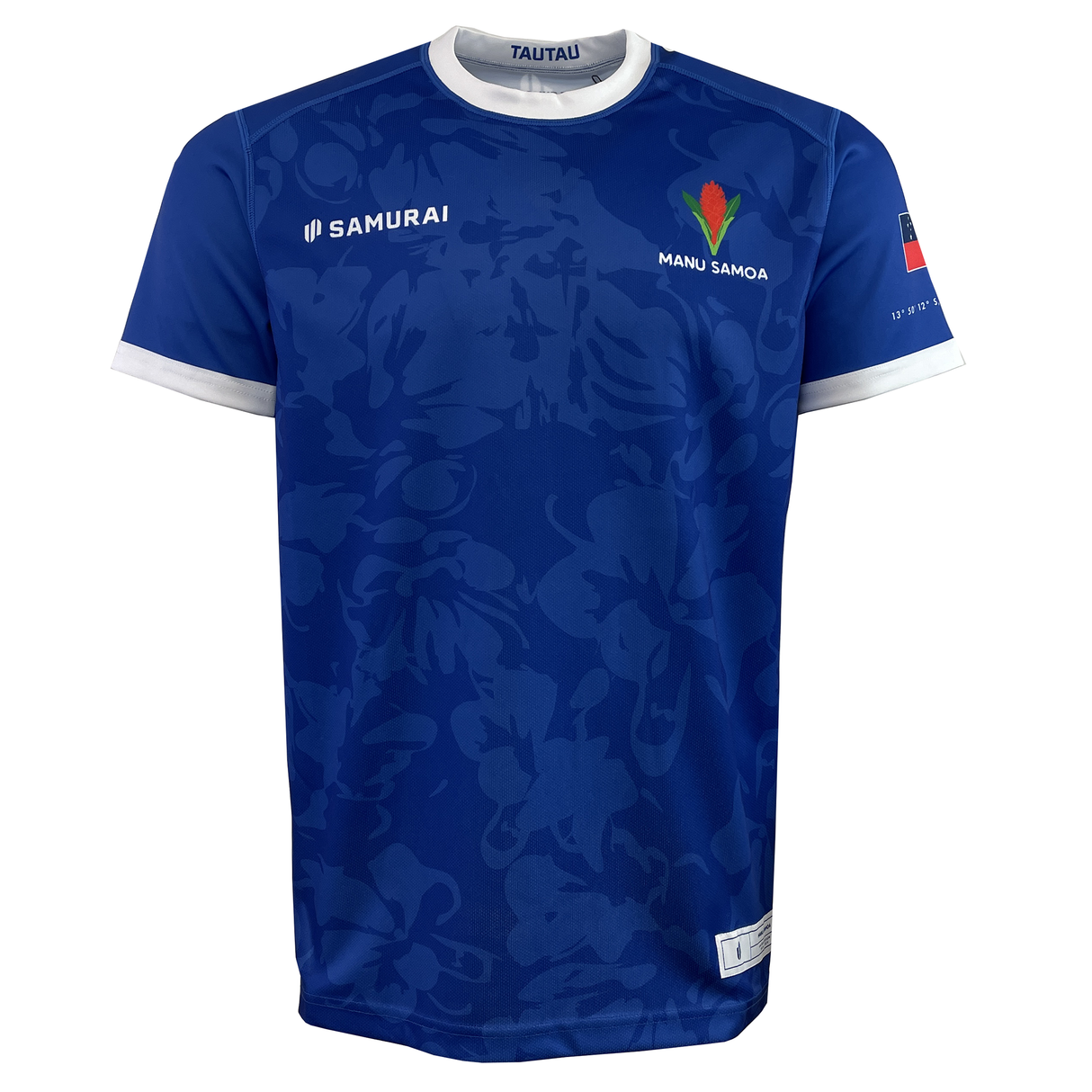 The Samoa 100 Year Celebration Premium Replica Jersey by Samurai features "MANU SAMOA" and a vibrant emblem on the right chest, with the Samurai logo on the left, making it perfect for celebrating Samoan pride.