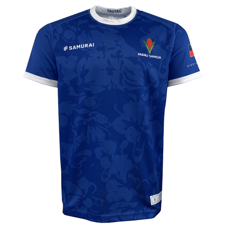 The Samoa 100 Year Celebration Premium Replica Jersey by Samurai features "MANU SAMOA" and a vibrant emblem on the right chest, with the Samurai logo on the left, making it perfect for celebrating Samoan pride.