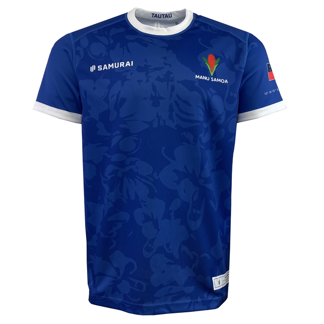 The Samoa 100 Year Celebration Premium Replica Jersey by Samurai features "MANU SAMOA" and a vibrant emblem on the right chest, with the Samurai logo on the left, making it perfect for celebrating Samoan pride.