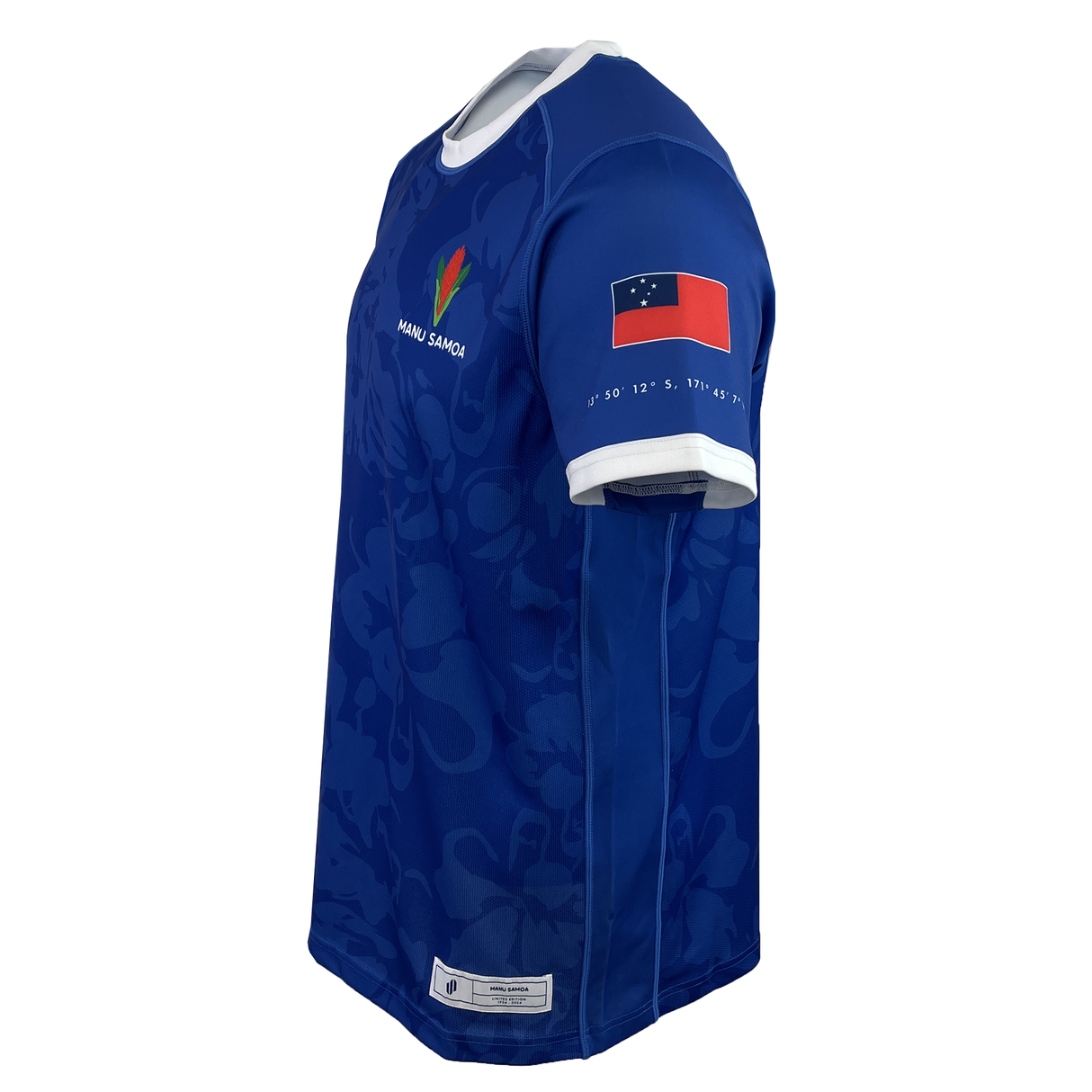 The Samoa 100 Year Celebration Premium Replica Jersey by Samurai features a vibrant graphic logo on the chest, a Samoan flag on the sleeve, and bold "MANU SAMOA" text—a true tribute to Samoa's spirit.