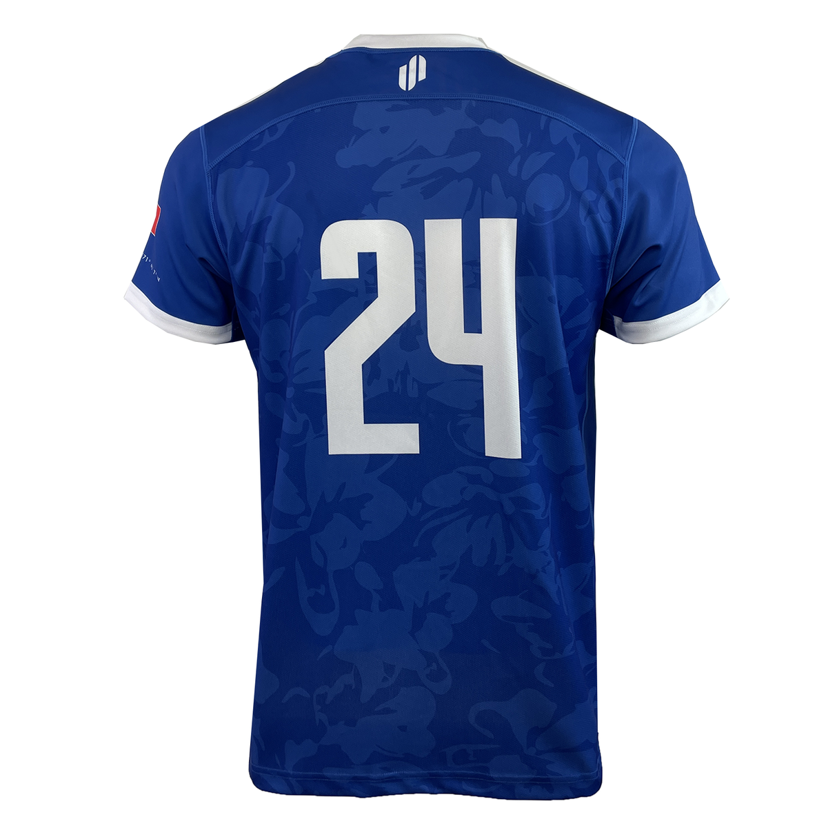 Back view of a blue Samoa 100 Year Celebration Premium Replica Jersey by Samurai with white trim, featuring the number 24 in large white print, perfect for making waves in any celebration.
