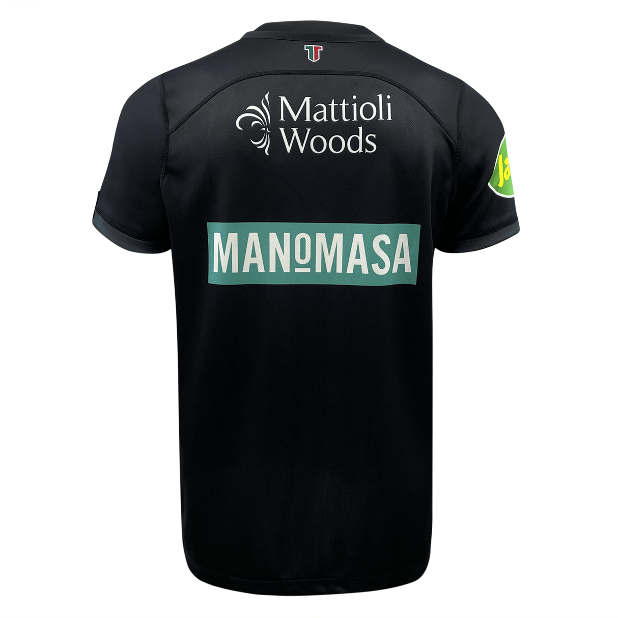 Black breathable Leicester Tigers Change Jersey 23/24 by Samurai with sponsor logos including "mattiolli woods" on top and "manomasa" across the middle, viewed from the back.