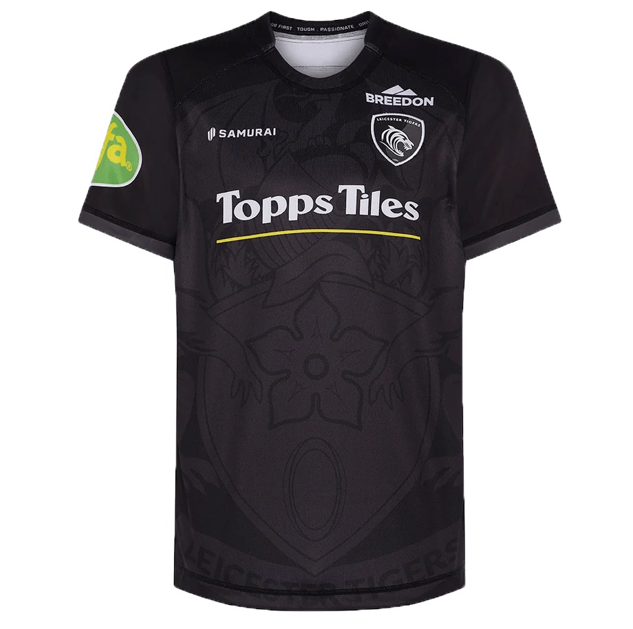 Leicester Tigers Change Jersey 23/24 by Samurai featuring Topps Tiles and other sponsor logos, with a subtle tiger face design in the fabric.