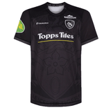 Leicester Tigers Change Jersey 23/24 by Samurai featuring Topps Tiles and other sponsor logos, with a subtle tiger face design in the fabric.