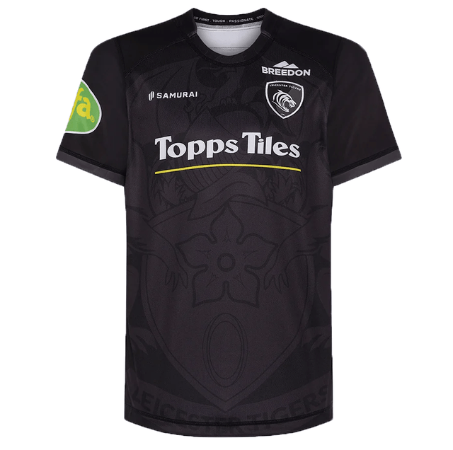 Leicester Tigers Change Jersey 23/24 by Samurai featuring Topps Tiles and other sponsor logos, with a subtle tiger face design in the fabric.