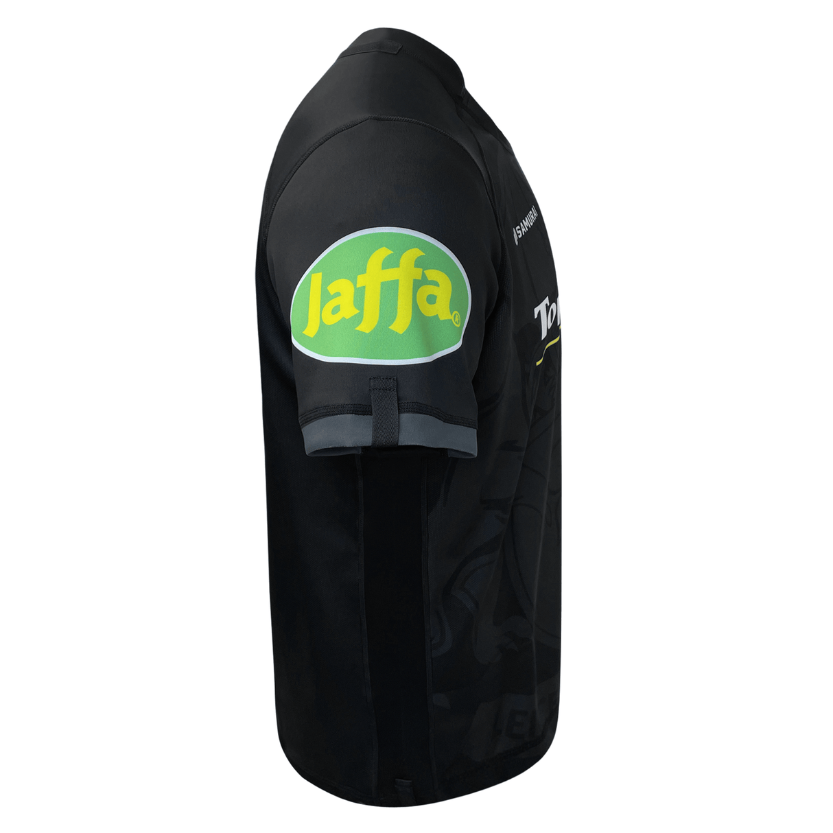 Side view of a black cricket helmet with a neon green and yellow "Leicester Tigers Change Jersey 23/24 by Samurai" logo on the back, featuring adjustable straps and additional padding in a durable material.
