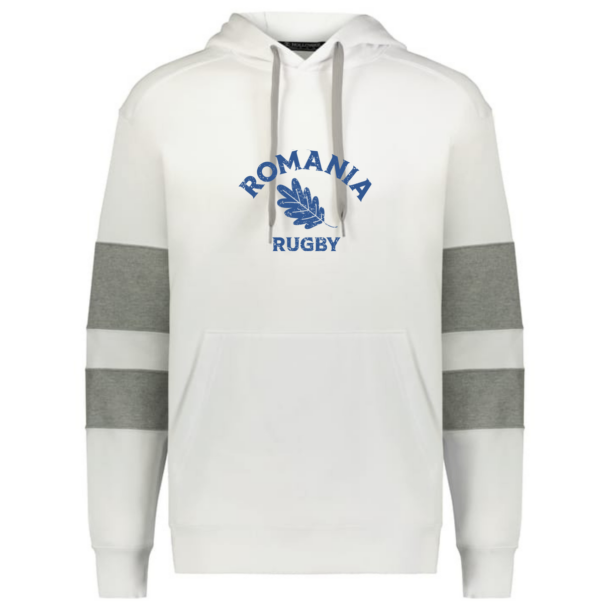The WRS Augusta Nations of Rugby Romania Jackson Way Hoodie features gray sleeve bands, a front pocket, and "ROMANIA RUGBY" with a laurel graphic in blue—ideal for rugby fans seeking both style and comfort.