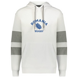 The WRS Augusta Nations of Rugby Romania Jackson Way Hoodie features gray sleeve bands, a front pocket, and "ROMANIA RUGBY" with a laurel graphic in blue—ideal for rugby fans seeking both style and comfort.