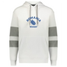 The WRS Augusta Nations of Rugby Romania Jackson Way Hoodie features gray sleeve bands, a front pocket, and "ROMANIA RUGBY" with a laurel graphic in blue—ideal for rugby fans seeking both style and comfort.