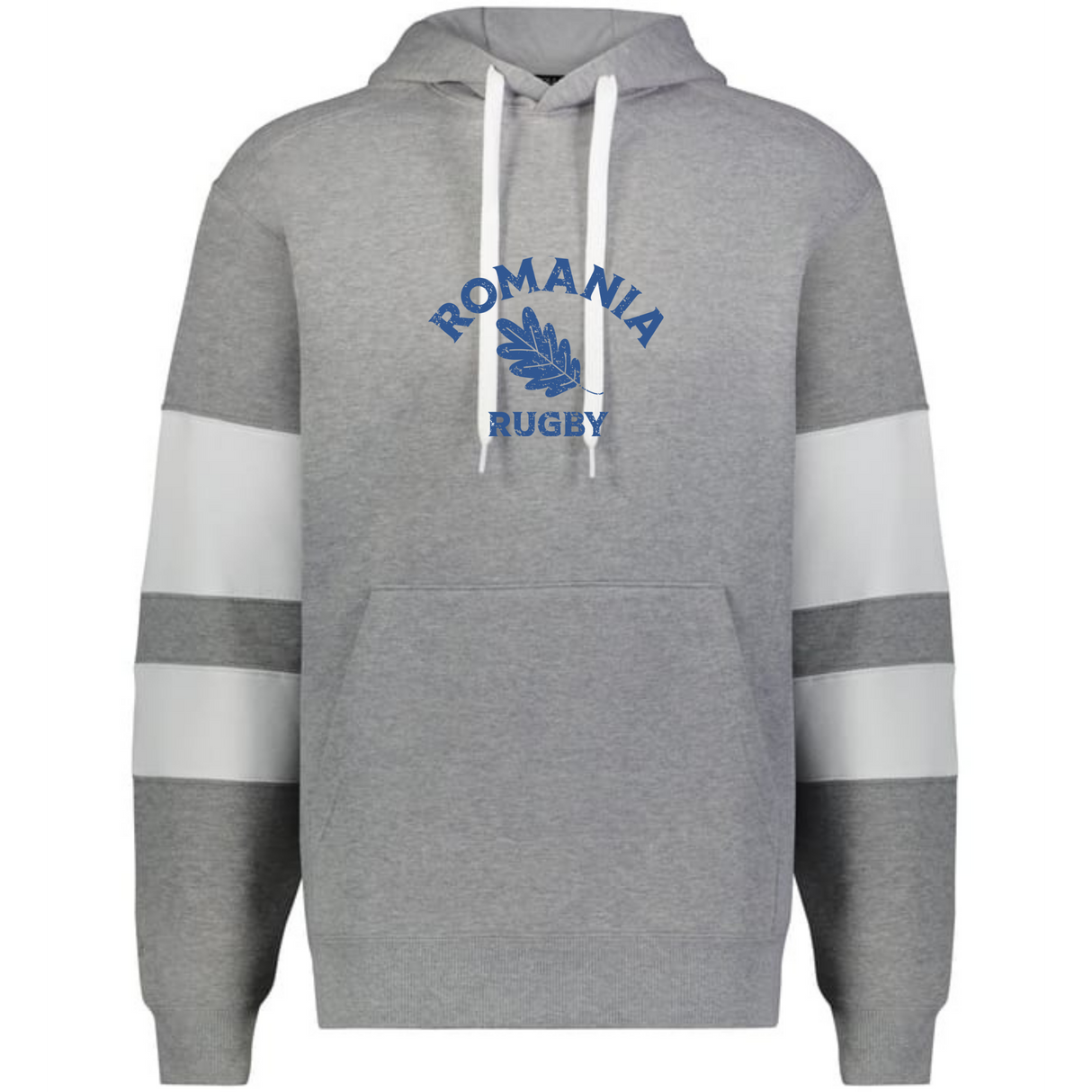 The WRS Augusta Nations of Rugby Romania Jackson Way Hoodie is grey with white drawstrings, white sleeve stripes, and "ROMANIA RUGBY" plus a blue leaf emblem on the chest.