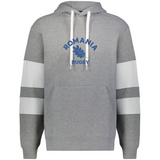 The WRS Augusta Nations of Rugby Romania Jackson Way Hoodie is grey with white drawstrings, white sleeve stripes, and "ROMANIA RUGBY" plus a blue leaf emblem on the chest.