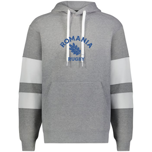 The WRS Augusta Nations of Rugby Romania Jackson Way Hoodie is grey with white drawstrings, white sleeve stripes, and "ROMANIA RUGBY" plus a blue leaf emblem on the chest.