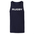 The RUGBY Jersey Tank Top from the 99 Collection by WRS S&S Activewear is a sleeveless black top with bold white "RUGBY" print, ideal for rugby fans after a sporty and stylish look.