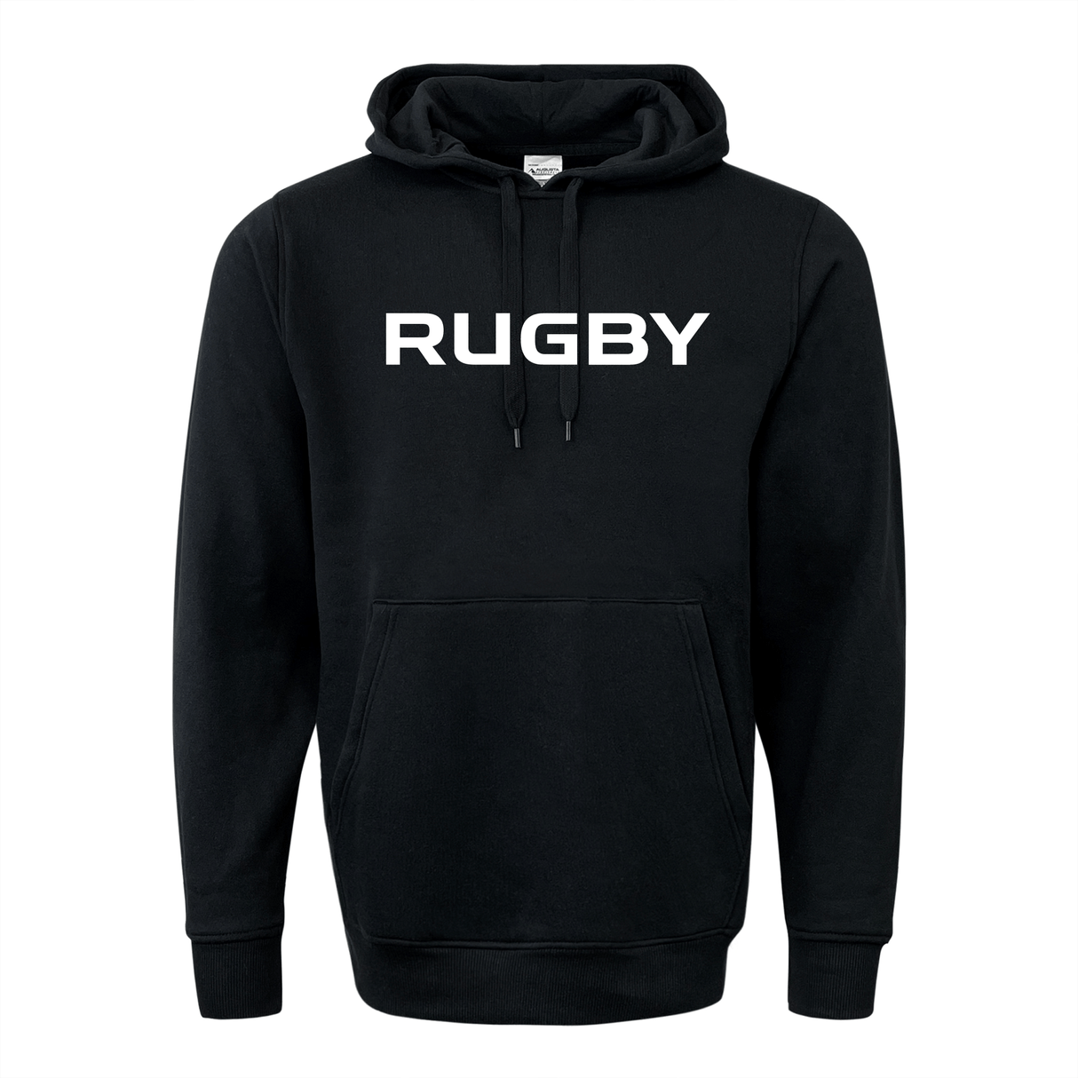 The RUGBY 60/40 Fleece Pullover Hoodie from WRS Augusta's 99 Collection is a black hooded sweatshirt featuring the word "RUGBY" boldly written in white across the chest. This cozy hoodie includes a front pocket and drawstrings.