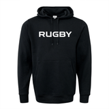 The RUGBY 60/40 Fleece Pullover Hoodie from WRS Augusta's 99 Collection is a black hooded sweatshirt featuring the word "RUGBY" boldly written in white across the chest. This cozy hoodie includes a front pocket and drawstrings.