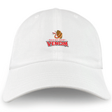 The Raleigh Venom Adult Low-Profile Cotton Twill Dad Cap by EMB S&S Activewear features an embroidered logo with a snake around a brown rugby ball and bold red text.