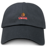 The Raleigh Venom Adult Low-Profile Cotton Twill Dad Cap by EMB S&S Activewear is a black dad cap featuring an embroidered "Venom" logo and a stylized snake design on the front.