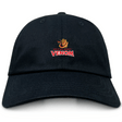 The Raleigh Venom Adult Low-Profile Cotton Twill Dad Cap by EMB Alpha Broder features a black design with the "Raleigh Rugby Venom" logo, including a red and yellow snake and embroidered team branding.