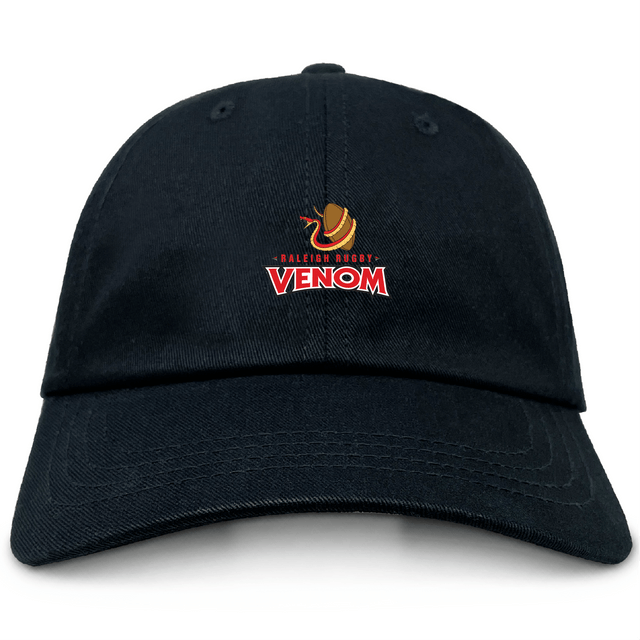 The Raleigh Venom Adult Low-Profile Cotton Twill Dad Cap by EMB Alpha Broder features a black design with the "Raleigh Rugby Venom" logo, including a red and yellow snake and embroidered team branding.