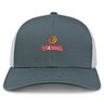 The Raleigh Venom Retro Trucker Cap by EMB S&S Activewear features a gray and white design, brown snake graphic, bold "VENOM" logo, comfy polyester-cotton blend, and adjustable snapback closure.