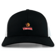 The Raleigh Venom Retro Trucker Cap by EMB S&S Activewear is a black and white snapback hat with mesh, featuring the Raleigh Rugby Venom logo—a stylized snake with red text—on the front, made from a comfy polyester-cotton blend.
