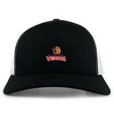 The Raleigh Venom Retro Trucker Cap by EMB S&S Activewear is a black and white snapback hat with mesh, featuring the Raleigh Rugby Venom logo—a stylized snake with red text—on the front, made from a comfy polyester-cotton blend.