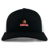 The Raleigh Venom Retro Trucker Cap by EMB S&S Activewear is a black and white snapback hat with mesh, featuring the Raleigh Rugby Venom logo—a stylized snake with red text—on the front, made from a comfy polyester-cotton blend.