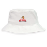 The Raleigh Venom Crusher Bucket Cap by EMB S&S Activewear is a white cotton twill hat featuring the Raleigh Rugby Venom logo with a rugby ball and stylized text on the front for stylish sun protection.