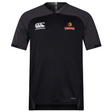 The black and gray Raleigh Venom Vapodri Evader Jersey by EMB Canterbury features "Canterbury" and "VENOM" logos on the front. Enhanced with VapoDri technology, it’s perfect for showcasing your passion during the Rugby World Cup.