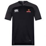 The black and gray Raleigh Venom Vapodri Evader Jersey by EMB Canterbury features "Canterbury" and "VENOM" logos on the front. Enhanced with VapoDri technology, it’s perfect for showcasing your passion during the Rugby World Cup.