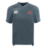 The Raleigh Venom Vapodri Evader Jersey by EMB Canterbury features a gray design with "Canterbury" text and logo on the right shoulder, and "VENOM" plus a flame logo on the left chest. VapoDri technology ensures top performance, perfect for Rugby World Cup enthusiasts or fans of this premium jersey.