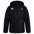 The Raleigh Venom Club Vaposhield Stadium Jacket by EMB Canterbury is a black zip-up rugby jacket with a hood. It features the "Canterbury Club" name and shield logo on the chest and is water-repellent, making it perfect for unpredictable weather while showcasing your style.