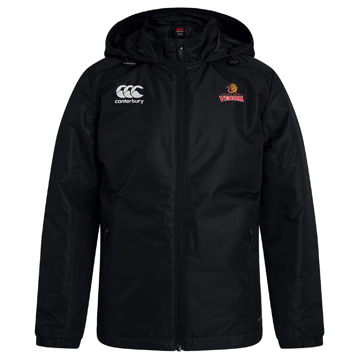 The Raleigh Venom Club Vaposhield Stadium Jacket by EMB Canterbury is a black zip-up rugby jacket with a hood. It features the "Canterbury Club" name and shield logo on the chest and is water-repellent, making it perfect for unpredictable weather while showcasing your style.