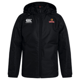 The Raleigh Venom Club Vaposhield Stadium Jacket by EMB Canterbury is a black zip-up rugby jacket with a hood. It features the "Canterbury Club" name and shield logo on the chest and is water-repellent, making it perfect for unpredictable weather while showcasing your style.