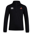 The Raleigh Venom Club 1/4 Zip Mid Layer by Canterbury is a black pullover with the "Canterbury" logo on the left chest and a striking "Venom" design on the right, ideal as a stylish rugby mid layer.