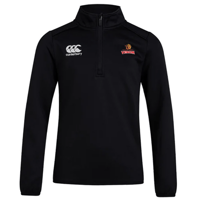 The Raleigh Venom Club 1/4 Zip Mid Layer by Canterbury is a black pullover with the "Canterbury" logo on the left chest and a striking "Venom" design on the right, ideal as a stylish rugby mid layer.