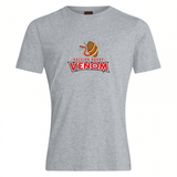 The Raleigh Venom Club Plain Tee by WRS Canterbury is a gray cotton blend T-shirt with the Raleigh Rugby Venom logo—featuring a coiled snake above "VENOM." Ideal for fans and customizable via CCC Club for your unique style.