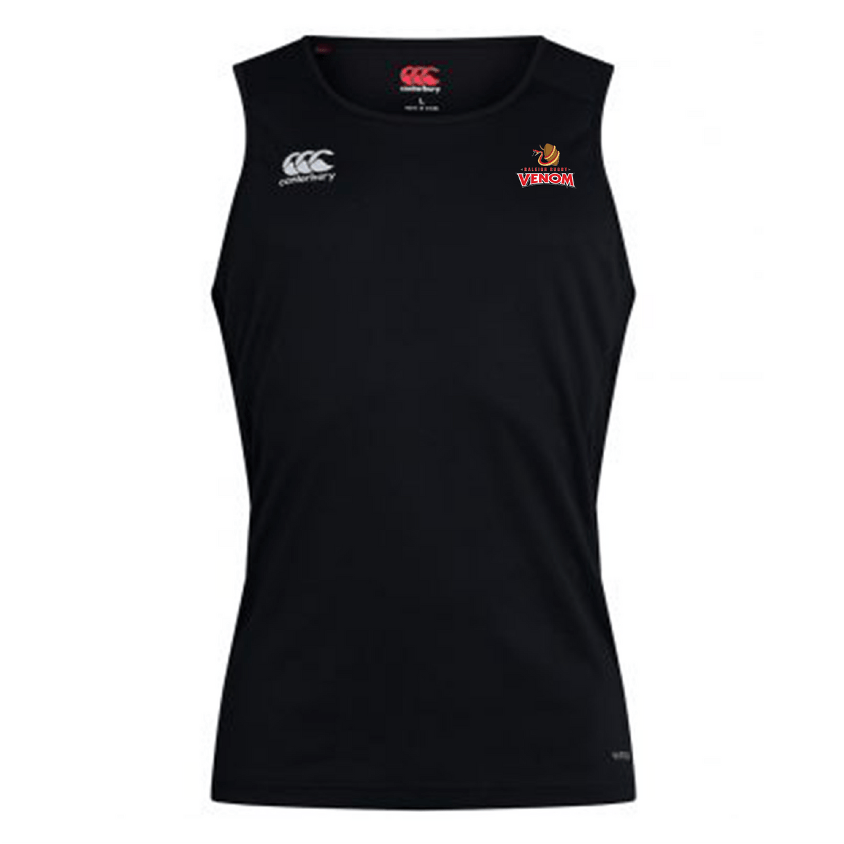 The Raleigh Venom Club Dry Singlet by Canterbury features Vapodri Technology for exceptional moisture control, adorned with a small "CCC" logo on the left chest and a stylized red and gold emblem on the right, plus zoned mesh paneling for improved breathability.