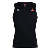 The Raleigh Venom Club Dry Singlet by Canterbury features Vapodri Technology for exceptional moisture control, adorned with a small "CCC" logo on the left chest and a stylized red and gold emblem on the right, plus zoned mesh paneling for improved breathability.