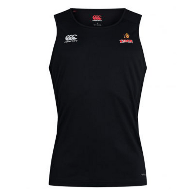 The Raleigh Venom Club Dry Singlet by Canterbury features Vapodri Technology for exceptional moisture control, adorned with a small "CCC" logo on the left chest and a stylized red and gold emblem on the right, plus zoned mesh paneling for improved breathability.