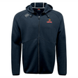 The Raleigh Venom Tempo Vapodri, a full-zip navy blue hoodie by EMB Canterbury, features moisture-wicking fabric with embroidered logos on the chest and shoulder.