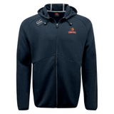 The Raleigh Venom Tempo Vapodri, a full-zip navy blue hoodie by EMB Canterbury, features moisture-wicking fabric with embroidered logos on the chest and shoulder.