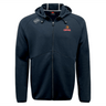 The Raleigh Venom Tempo Vapodri, a full-zip navy blue hoodie by EMB Canterbury, features moisture-wicking fabric with embroidered logos on the chest and shoulder.