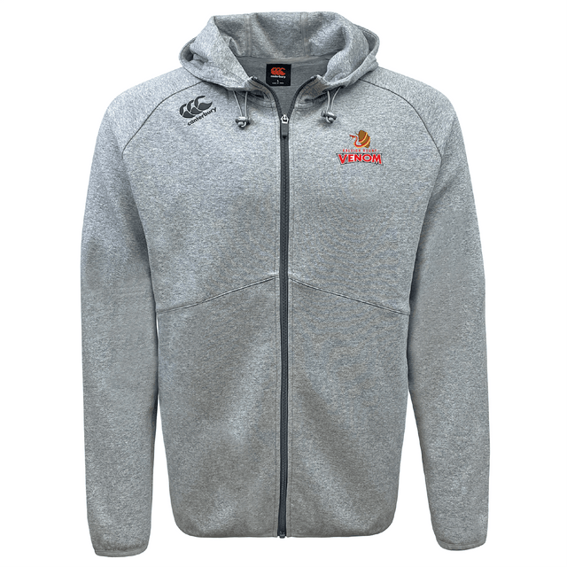 The Raleigh Venom Tempo Vapodri Full-Zip Hoodie by EMB Canterbury is a grey zip-up with hood strings and Canterbury branding, featuring black logos on the chest. Its moisture-wicking fabric ensures comfort, while a bold red basketball design adorns the right side.