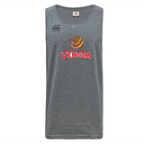The Raleigh Venom Tempo VapoDri Singlet by WRS Canterbury, made from recycled polyester, features a "Venom" logo with a coiled snake and red lettering. Its advanced VapoDri technology keeps you cool and dry while ensuring eco-friendly comfort.