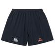 The Raleigh Venom Yokohama Short by EMB Canterbury is black with an elastic waistband, featuring a white Canterbury logo on the left leg and a colorful Veron logo on the right.