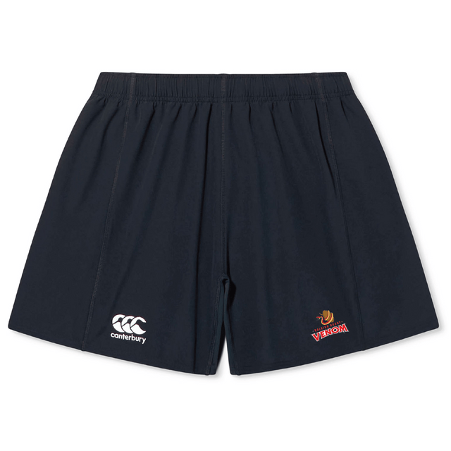 The Raleigh Venom Yokohama Short by EMB Canterbury is black with an elastic waistband, featuring a white Canterbury logo on the left leg and a colorful Veron logo on the right.