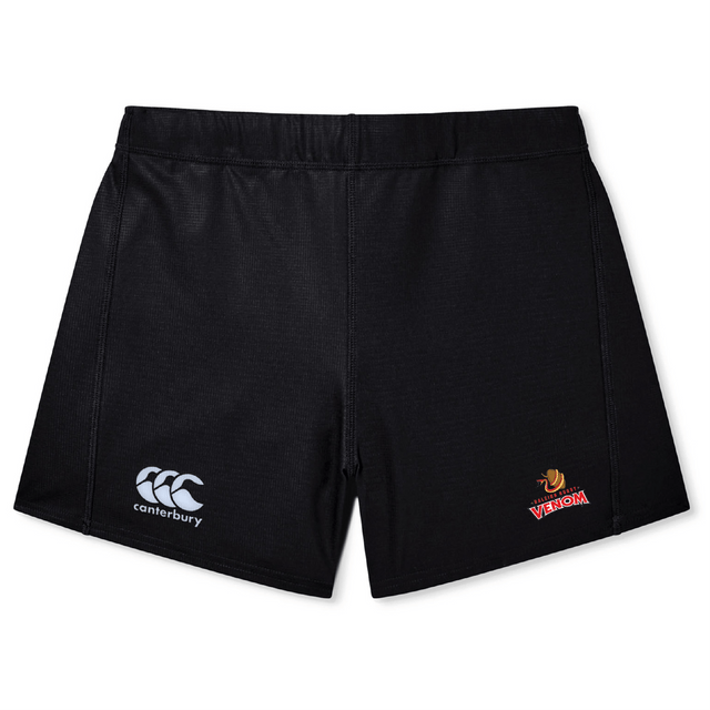 The Raleigh Venom Women's Yokohama Short by EMB Canterbury is made from Vapodri fabric, featuring the Canterbury logo on the left and a bold red scorpion emblem on the right.